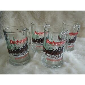 Vintage 1988 Budweiser Clydesdales Holiday Christmas Glass Mug 12oz Set Of 4